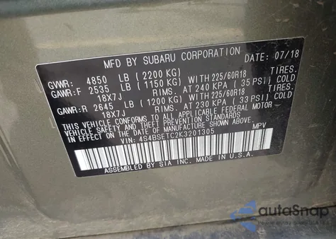 2019 Subaru Outback 3.6R Touring from USA, damaged, VIN 4S4BSETC2K3201305